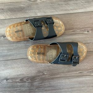 Melissa Beach/ Pool Slide Women’s 6 wide Black/ Gold with Buckles Waterproof